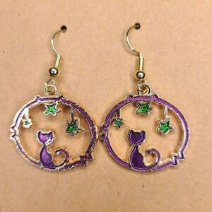 New Hand Crafted Cute Sparkle Purple Cat & Starts Hook Earrings 14K Gold Plated